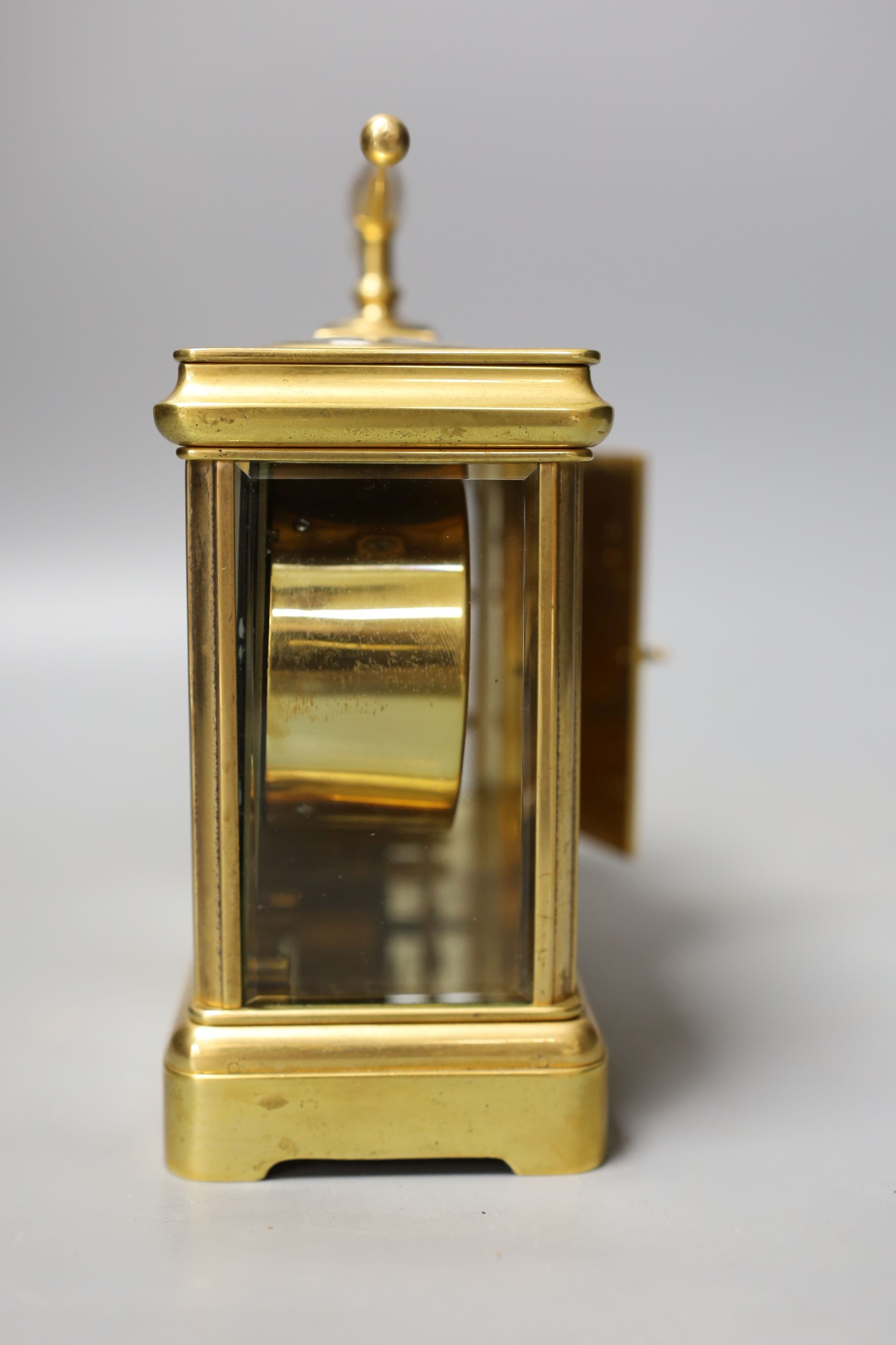 A French combination brass carriage timepiece, barometer, thermometer and compass, retailed by Reed & Son